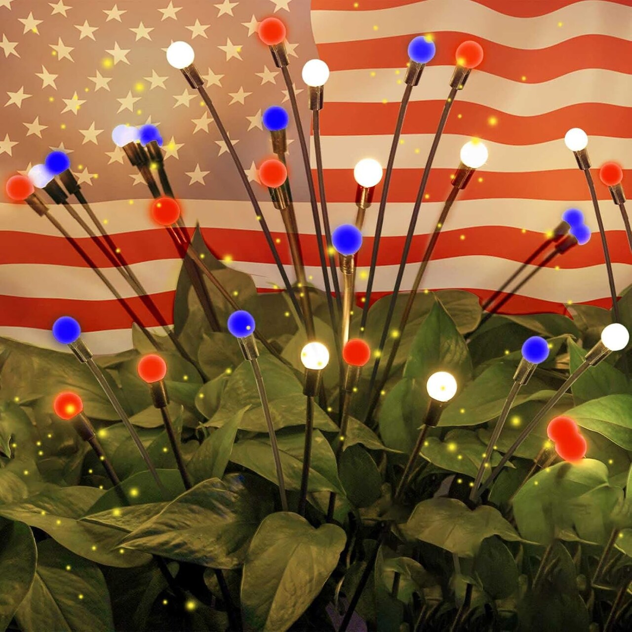 4-Pack Solar American Flag Firefly Lights – Outdoor Waterproof Swaying Garden Lights for 4th of July – Red White and Blue Patriotic LED Decor for Memorial Day & Independence Day